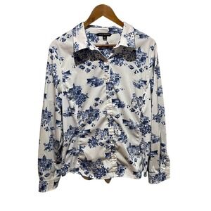 Zac & Rachel Shirt Womens XL White Blue Coastal Print Button Front Top Casual